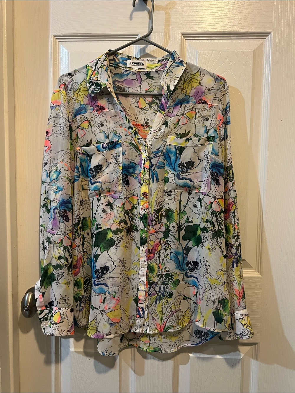 Express Floral Multicolor Sheer Button-Down Shirt